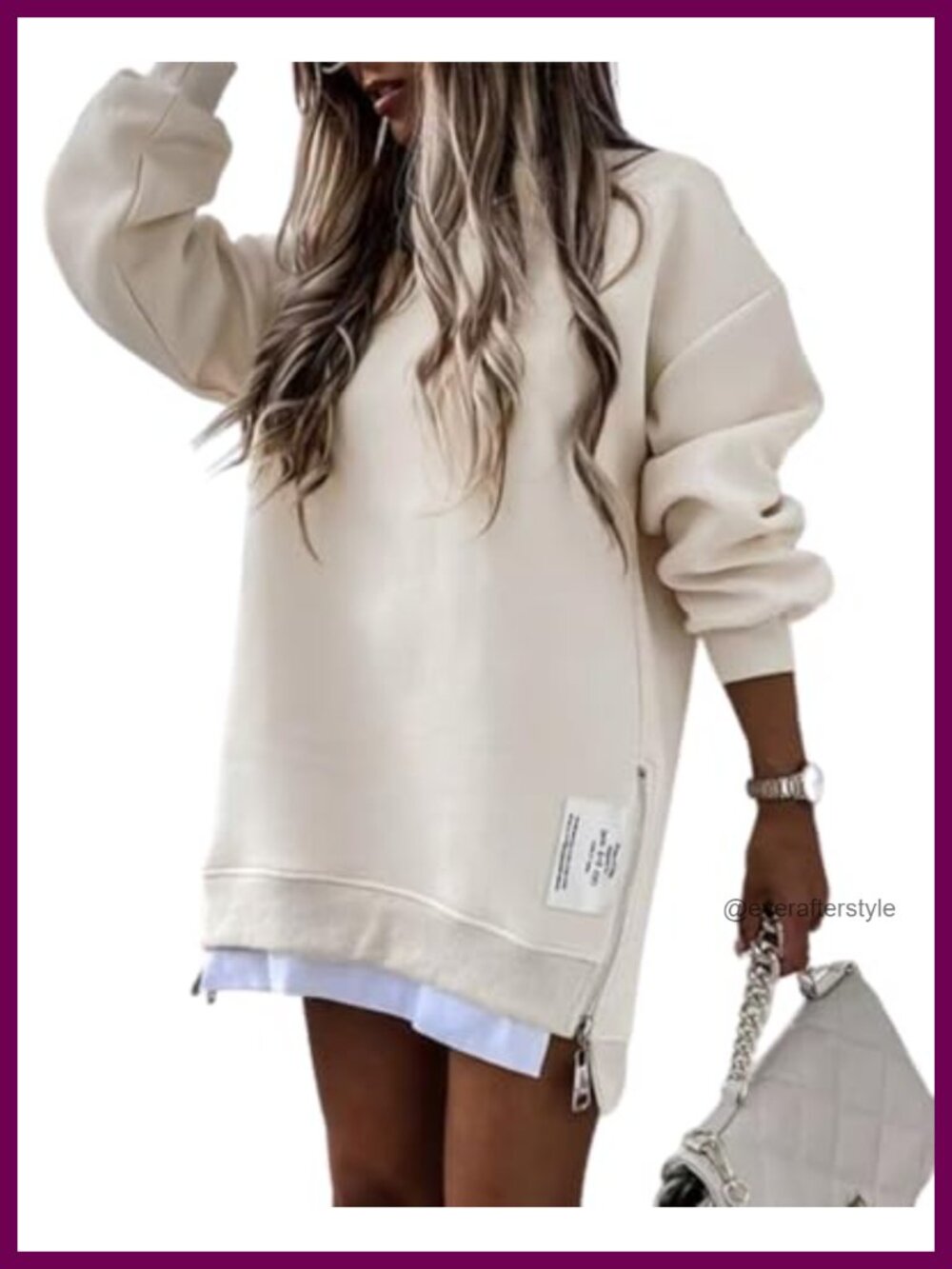 Oversized Crewneck Sweatshirt Side Zipper Slit Pullover Top
